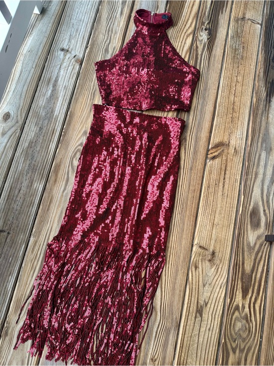 Lulus Dresses & Skirts - Lulu's Burgundy Sequin Halter Crop Top & Fringe Maxi Skirt Set